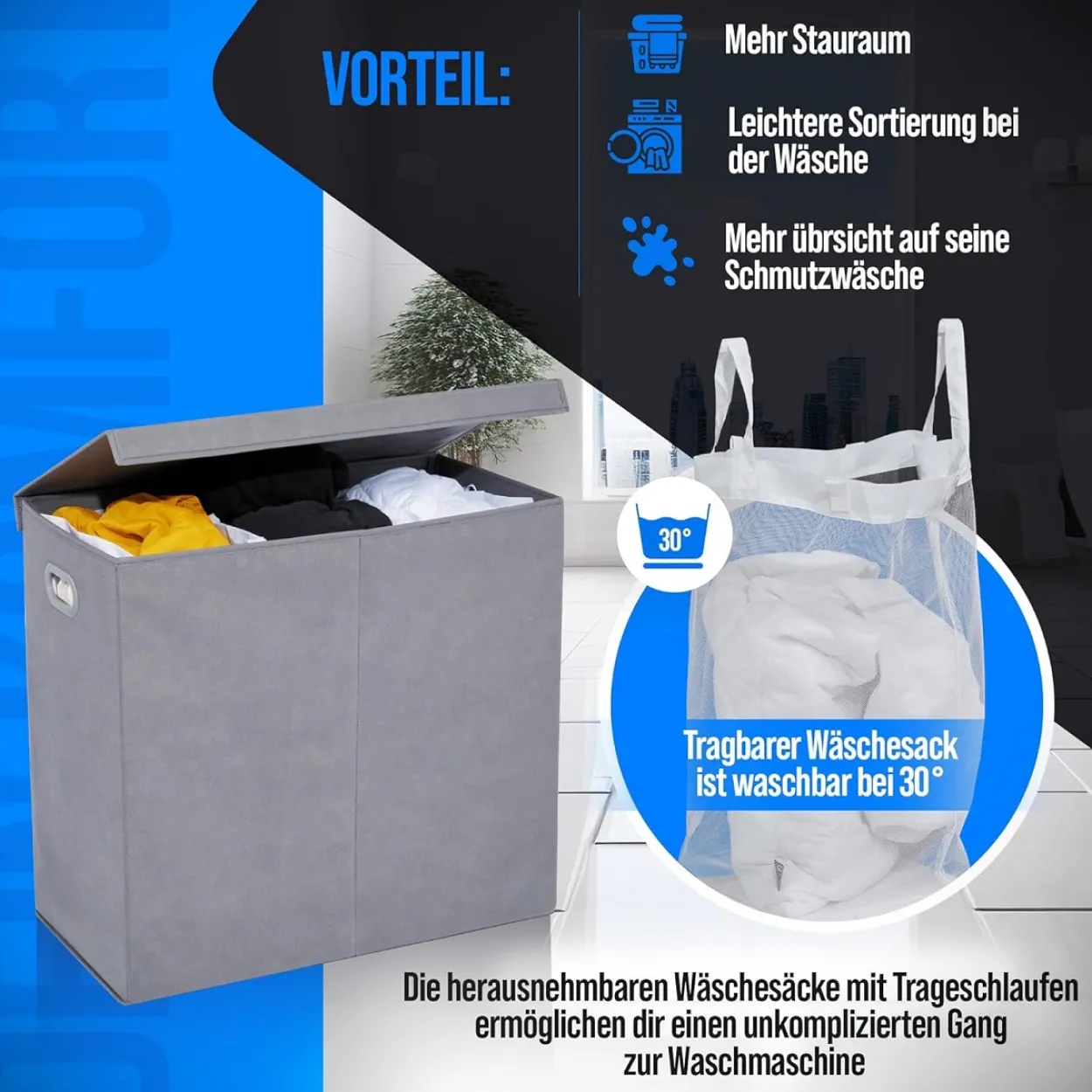 Wäschekorb mit 3 Fächern – 156 L Wäschesammler mit Deckel
