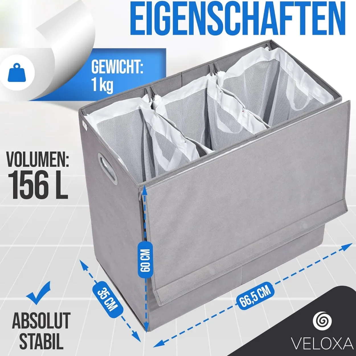 Wäschekorb mit 3 Fächern – 156 L Wäschesammler mit Deckel