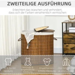 Wäschekorb Wäschebox 100L Wäschesammler mit Deckel, 2 Wäschesäcken, Braun
