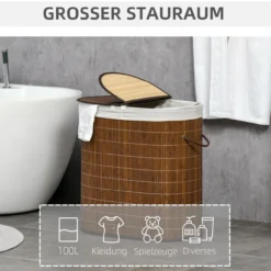 Wäschekorb Wäschebox 100L Wäschesammler mit Deckel, 2 Wäschesäcken, Braun