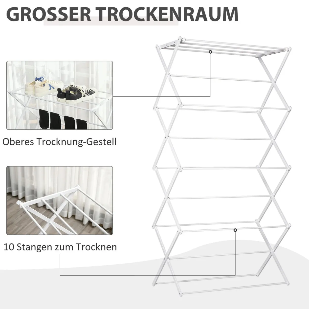 Wäscheständer faltbar 8-stufiger Trockenständer Metall Kunststoff Weiß 74 x 35 x 144 cm