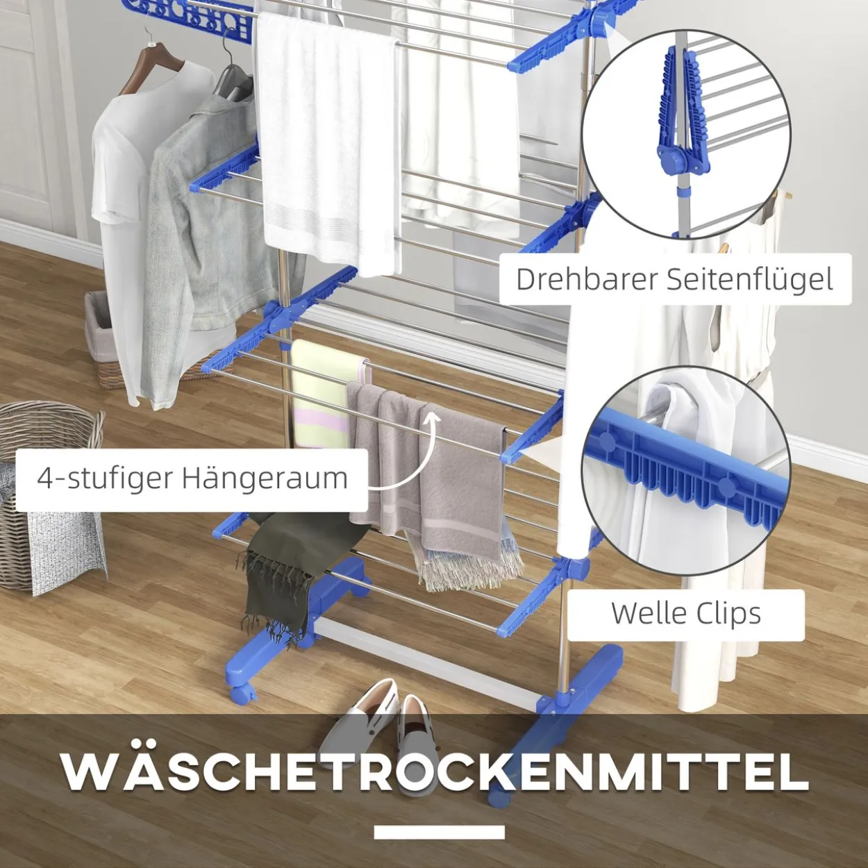 Wäscheständer Turmwäschetrockner 4 Ebenen klappbar höhenverstellbar Blau