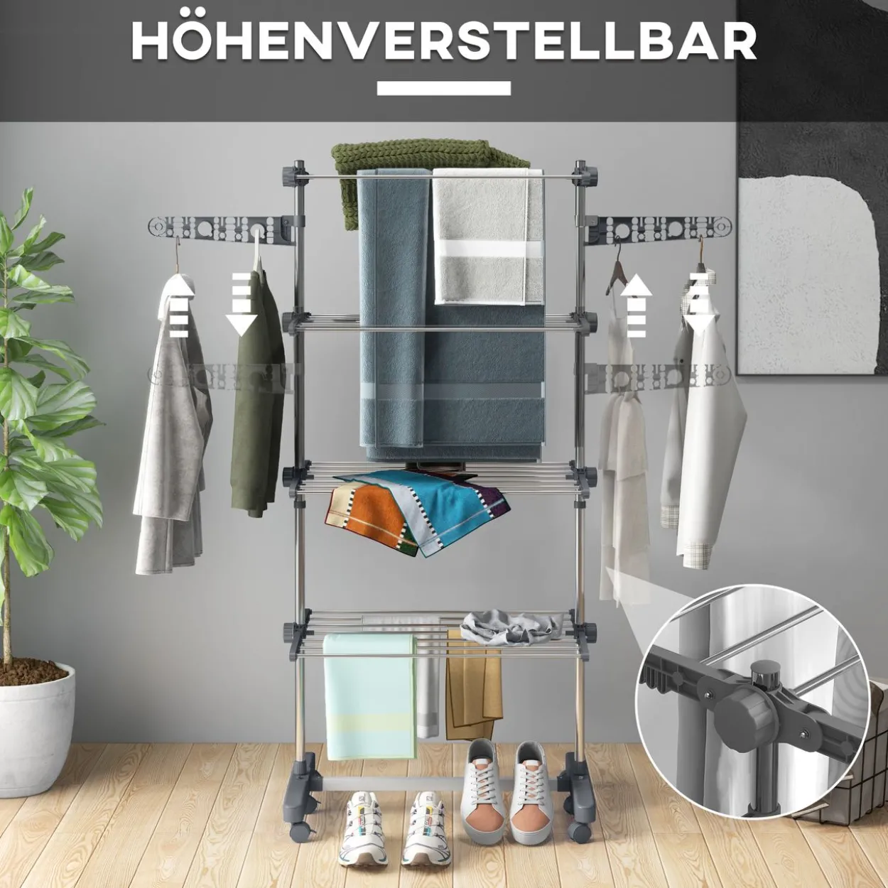 Wäscheständer Turmwäschetrockner 4 Ebenen klappbar höhenverstellbar Grau