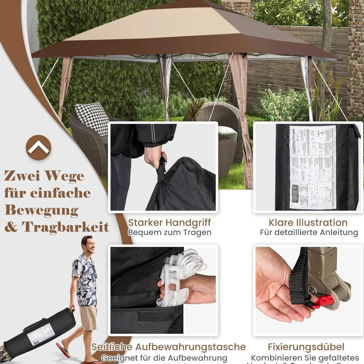 4x4m Faltpavillon, Pop Up Pavillon mit Rollen
