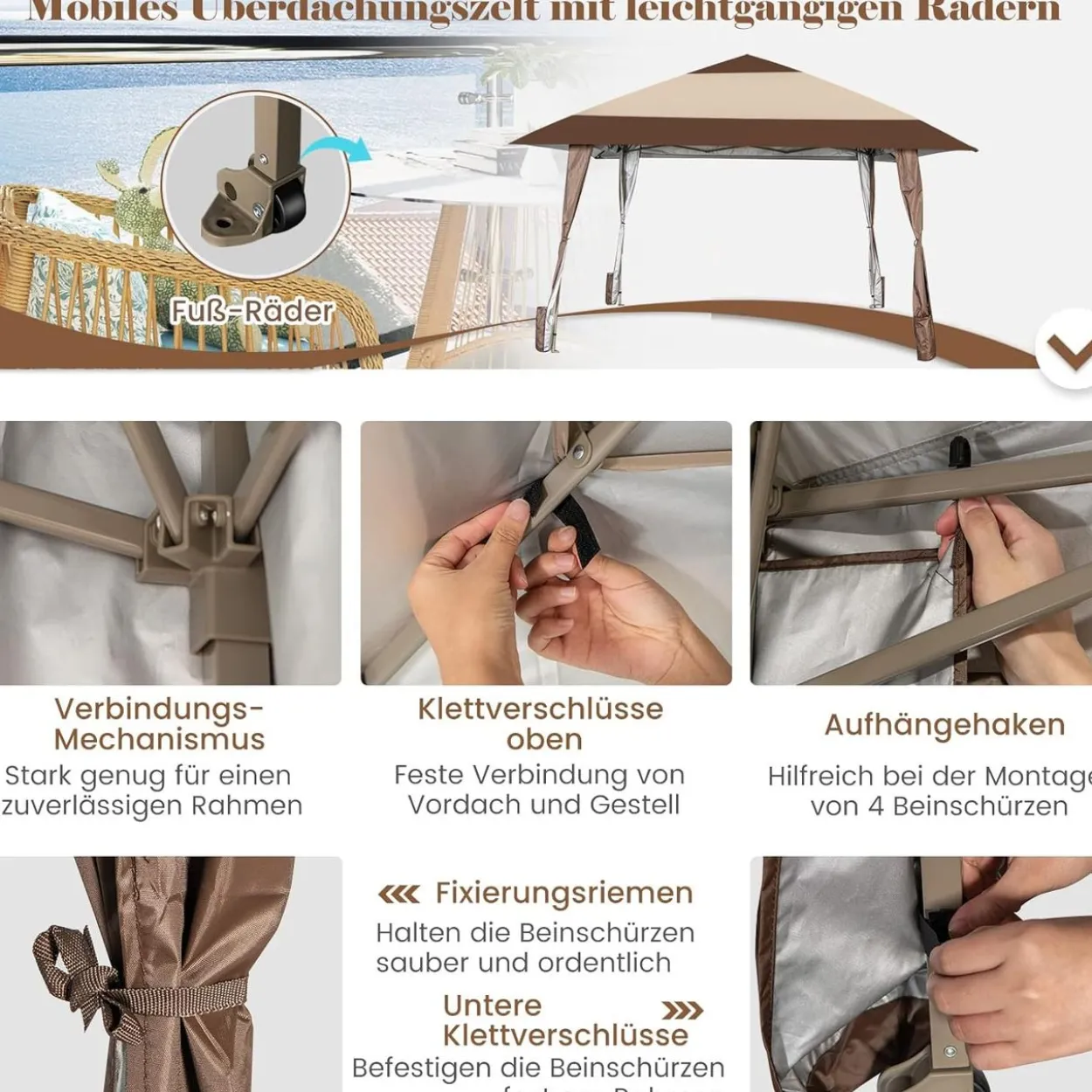 4x4m Faltpavillon, Pop Up Pavillon mit Rollen