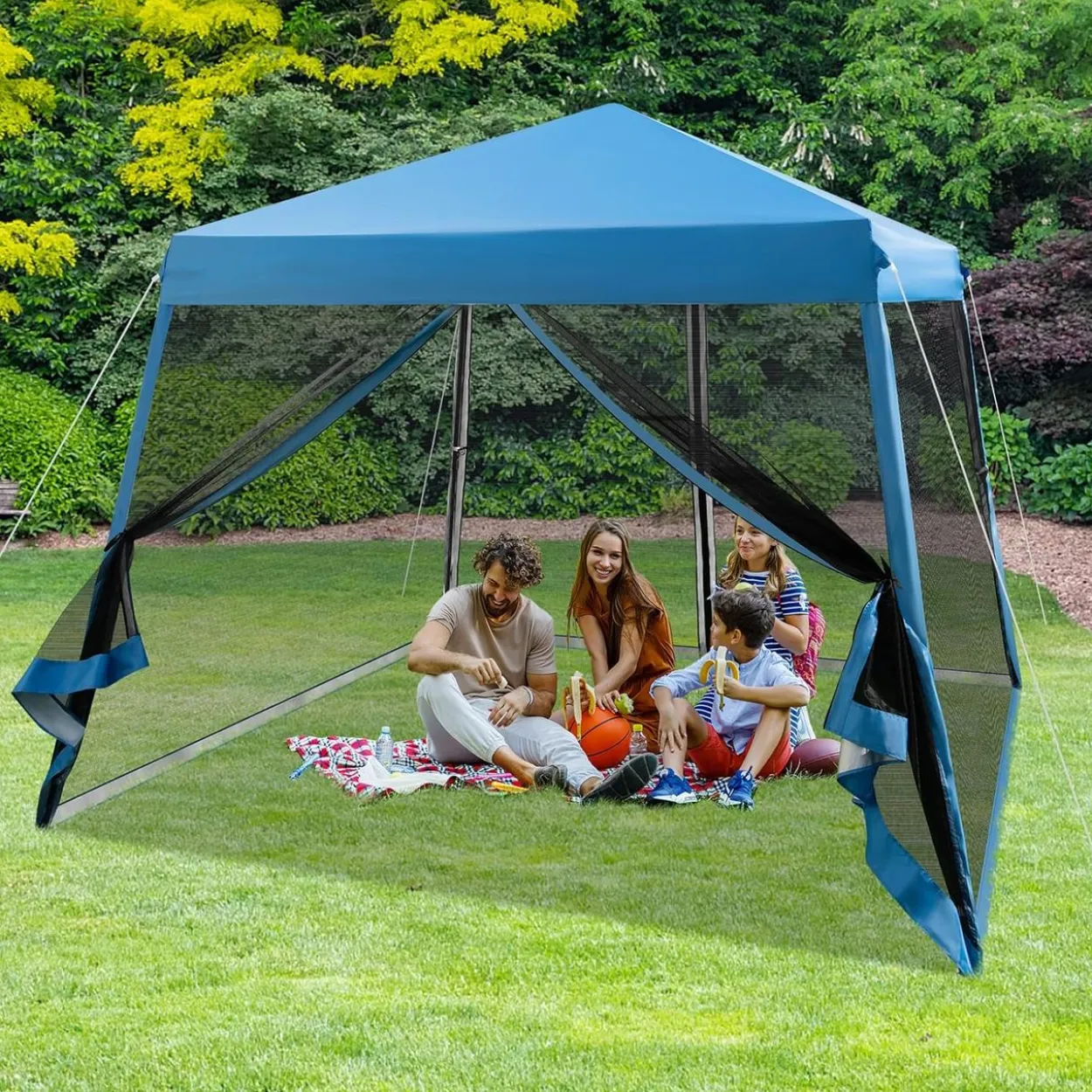 3x3 m Pop Up Pavillon mit Moskitonetz und Sandsäcke