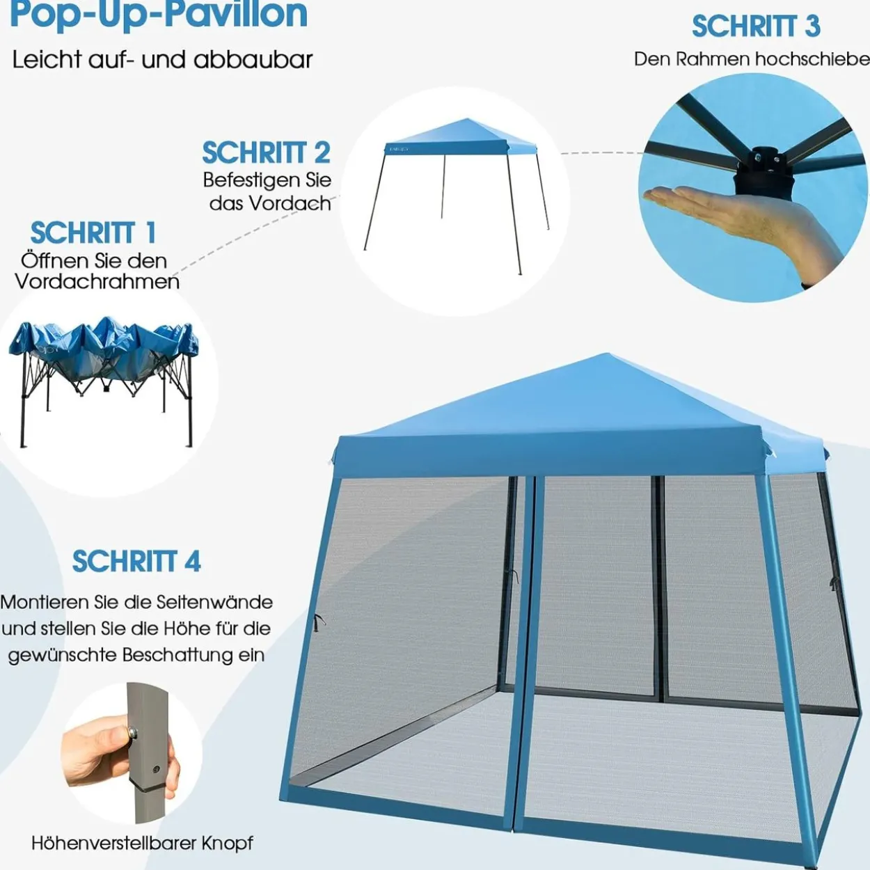 3x3 m Pop Up Pavillon mit Moskitonetz und Sandsäcke