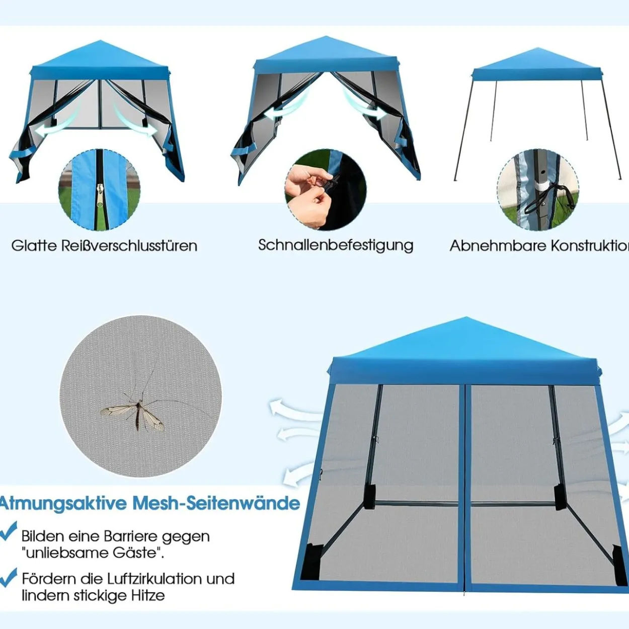3x3 m Pop Up Pavillon mit Moskitonetz und Sandsäcke