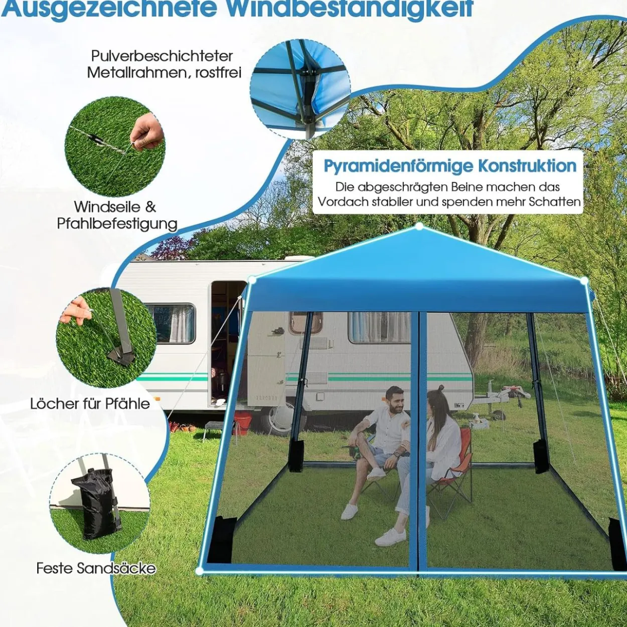 3x3 m Pop Up Pavillon mit Moskitonetz und Sandsäcke
