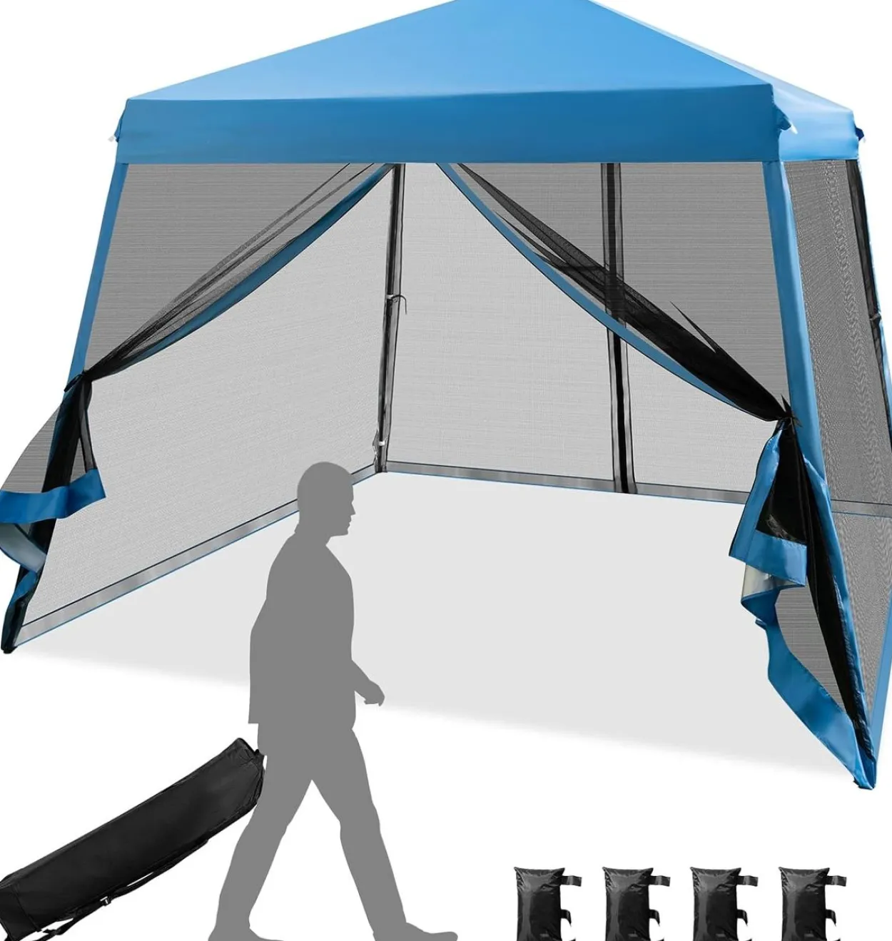 3x3 m Pop Up Pavillon mit Moskitonetz und Sandsäcke
