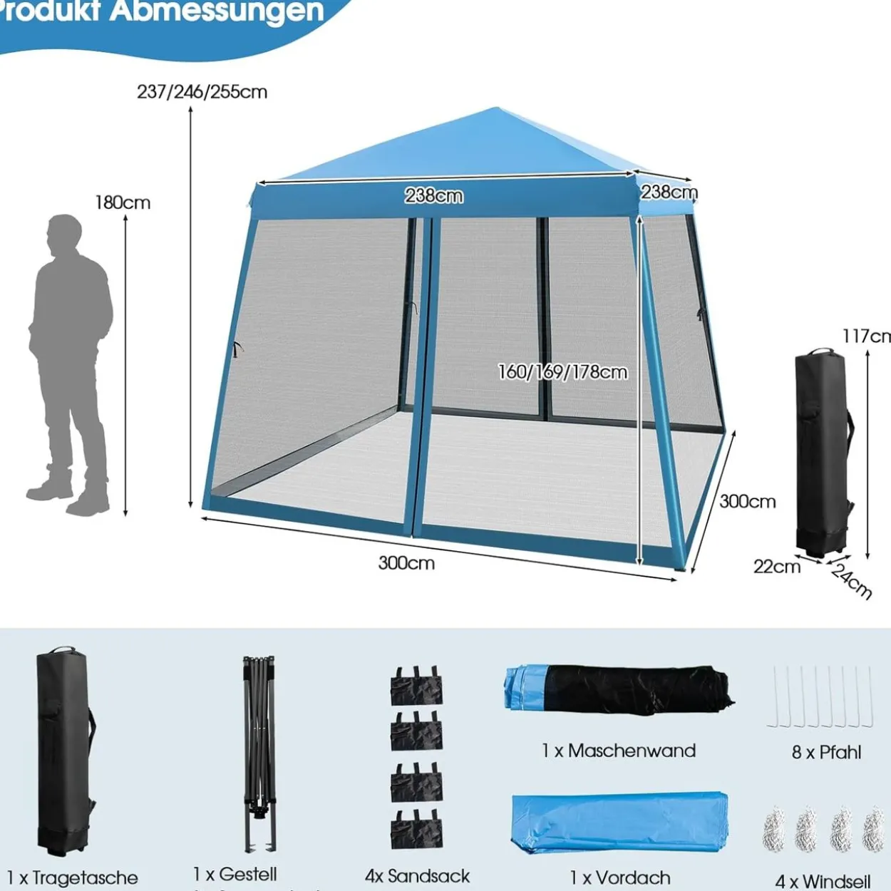 3x3 m Pop Up Pavillon mit Moskitonetz und Sandsäcke