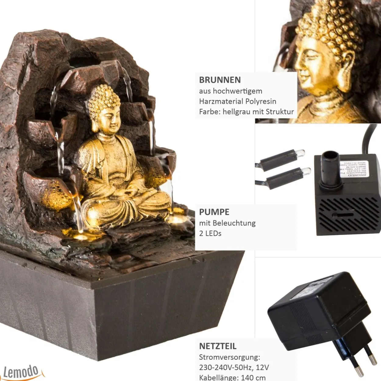 Zimmerbrunnen Buddha mit LED Beleuchtung