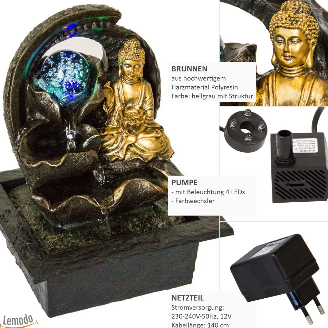 Zimmerbrunnen Buddha mit rotierender Kugel