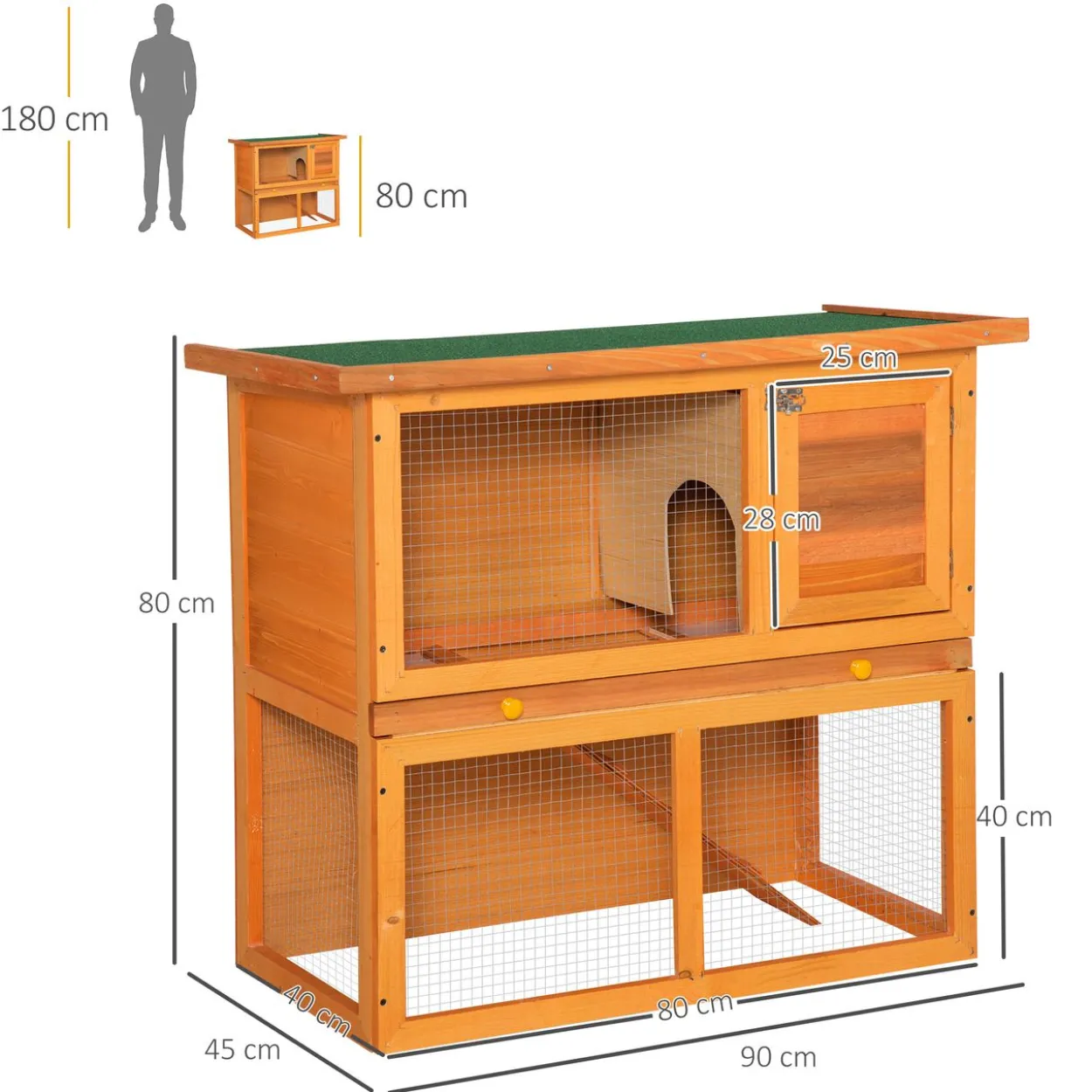 Zwergkaninchenstall doppelstöckig, mit Rampe Kleintierstall Outdoor Holz Gelb 90 x 45 x 80 cm