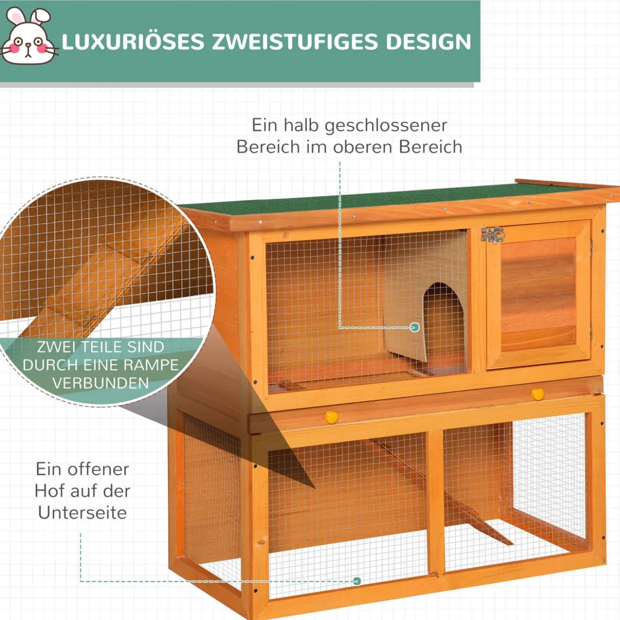 Zwergkaninchenstall doppelstöckig, mit Rampe Kleintierstall Outdoor Holz Gelb 90 x 45 x 80 cm