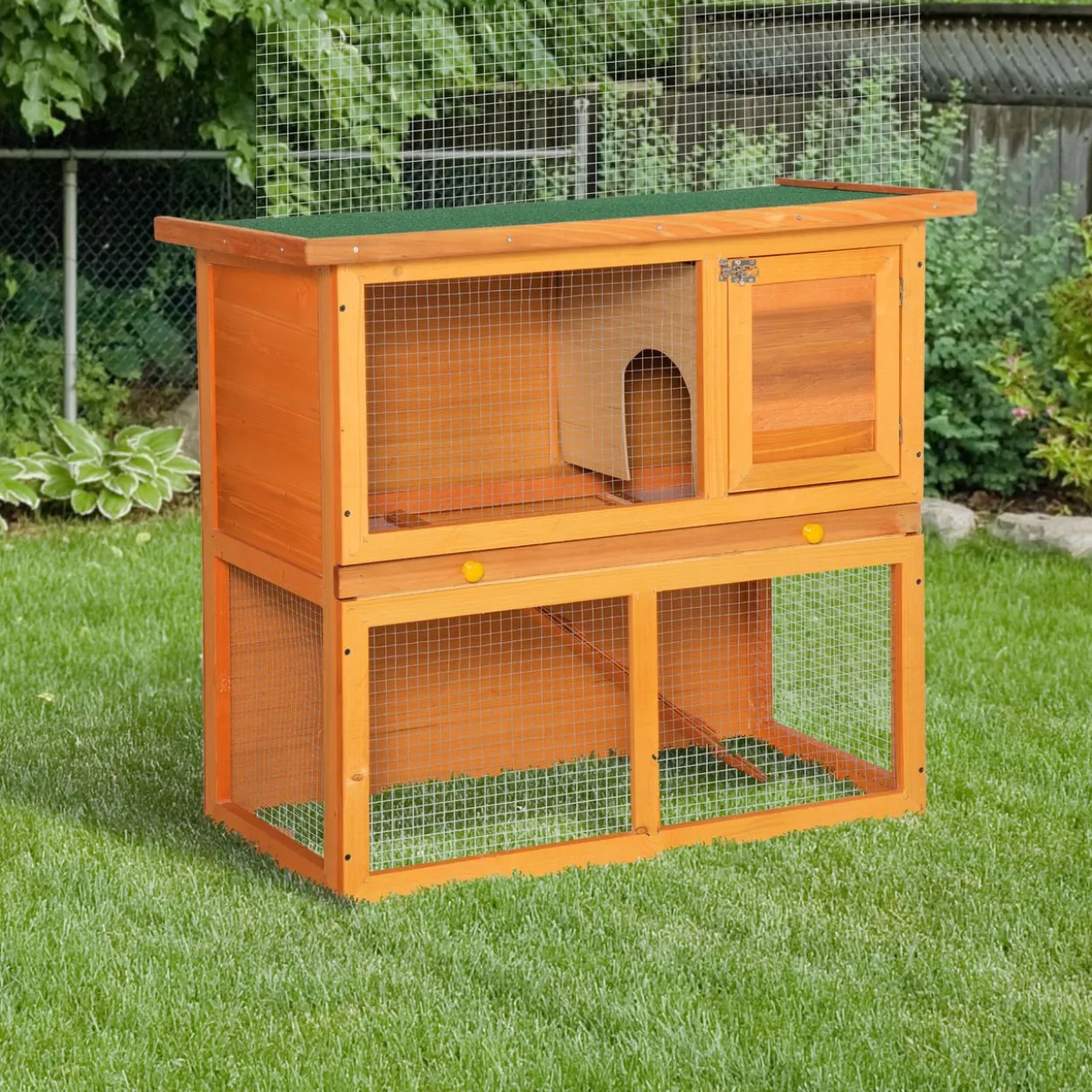 Zwergkaninchenstall doppelstöckig, mit Rampe Kleintierstall Outdoor Holz Gelb 90 x 45 x 80 cm