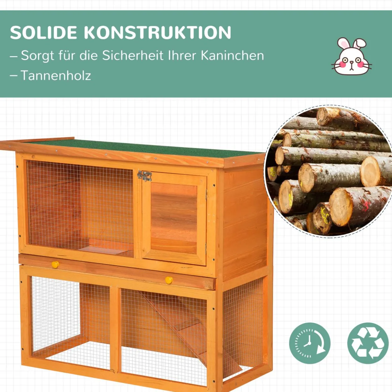Zwergkaninchenstall doppelstöckig, mit Rampe Kleintierstall Outdoor Holz Gelb 90 x 45 x 80 cm