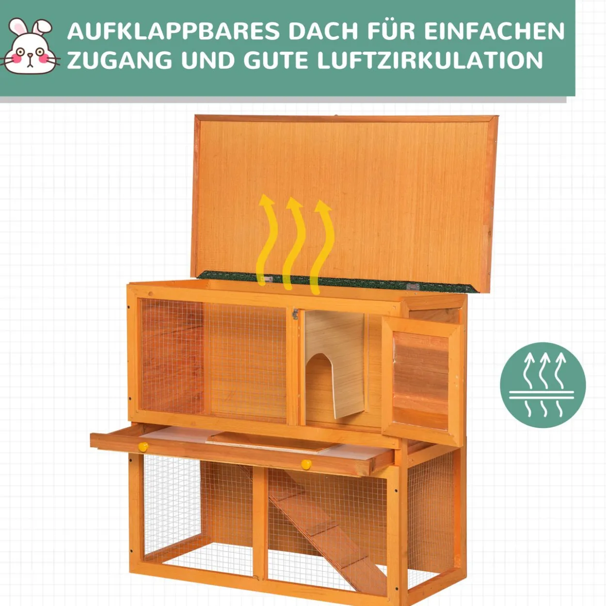 Zwergkaninchenstall doppelstöckig, mit Rampe Kleintierstall Outdoor Holz Gelb 90 x 45 x 80 cm