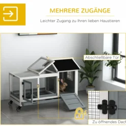 Zwergkaninchenstall, Kleintierstall mit Freilaufgehege, Rädern, Klappdach, Grau